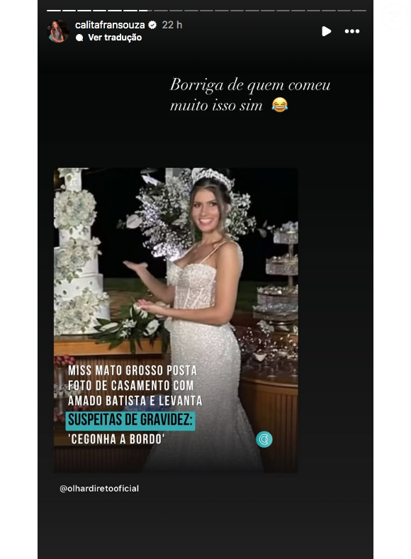 Nos últimos dias, a esposa de Amado Batista negou que esteja grávida e disse ter 'comido demais' na festa de casamento