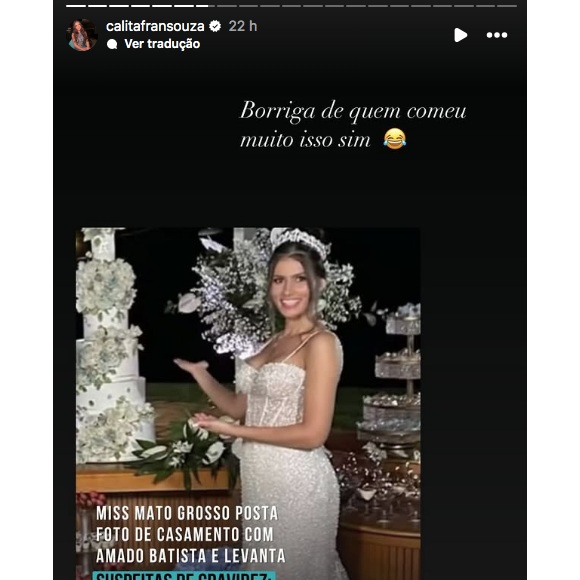 Nos últimos dias, a esposa de Amado Batista negou que esteja grávida e disse ter 'comido demais' na festa de casamento