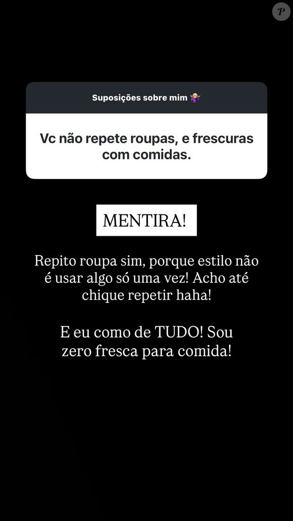 Rafaella Justus também comentou sobre suas preferências e relação com a comida, dizendo que come de tudo