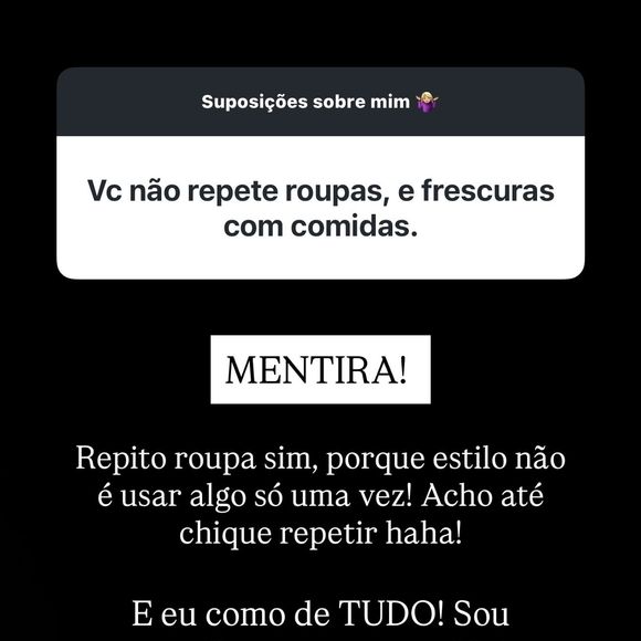 Rafaella Justus também comentou sobre suas preferências e relação com a comida, dizendo que come de tudo