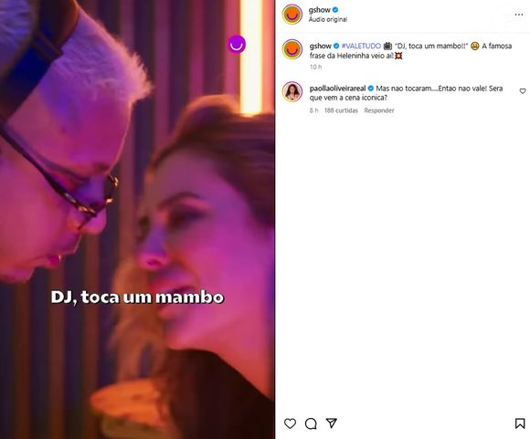 Paolla Oliveira reagiu após web reprovar cena da novela 'Vale Tudo' onde Heleninha pediria para DJ tocar 'mambo caliente': 'Será que vem?'