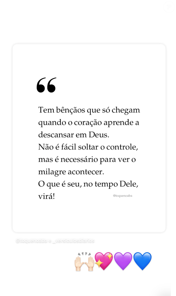 "Não é fácil soltar o controle, mas é necessário para ver o milagre acontecer", dizia mensagem de Virgínia Fonseca