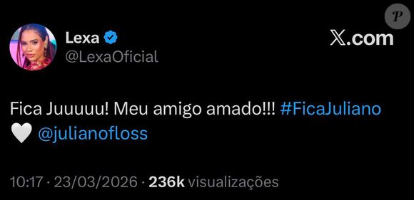 Lexa pediu para seu 'amigo amado' ficar no 'BBB 26'