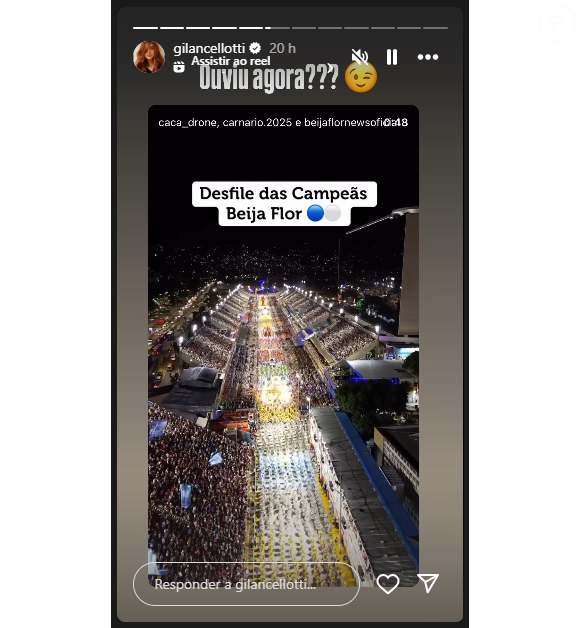 Giovanna Lancellotti postou um vídeo da Beija-Flor no Desfile das Campeãs junto da pergunta: ‘Ouviu agora?’