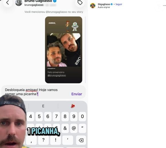 Thiago Gagliasso ironizou Bruno Gagliasso ao sugerir que se encontrassem para comer picanha