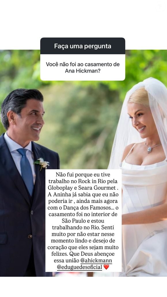 Ticiane Pinheiro explicou sua ausência no casamento de Ana Hickmann e Edu Guedes