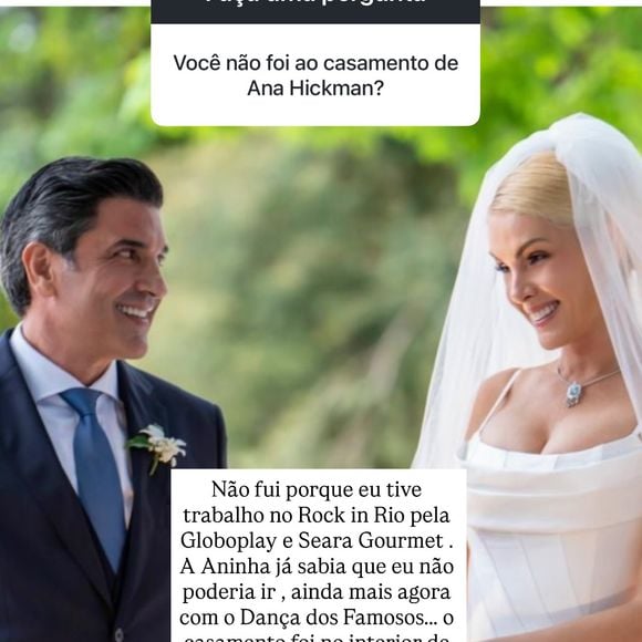 Ticiane Pinheiro explicou sua ausência no casamento de Ana Hickmann e Edu Guedes