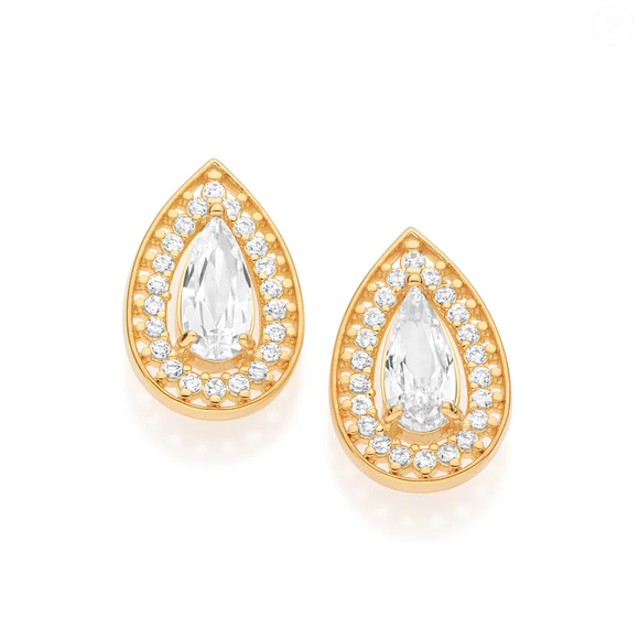Outra opção é o modelo de R$ 545, também banhado a ouro 18k, que reúne 44 zircônias de 1,50 mm e duas pedras em formato de gota de 5x11 mm, criando uma proposta mais marcante