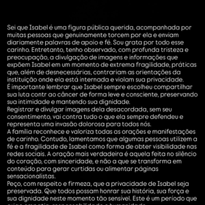 Leia na íntegra a nota publicada por Lucas Borbas e pela irmã de Isabel Veloso