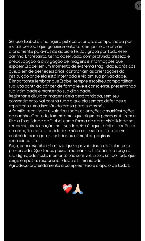 Leia na íntegra a nota publicada por Lucas Borbas e pela irmã de Isabel Veloso