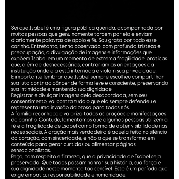 Leia na íntegra a nota publicada por Lucas Borbas e pela irmã de Isabel Veloso