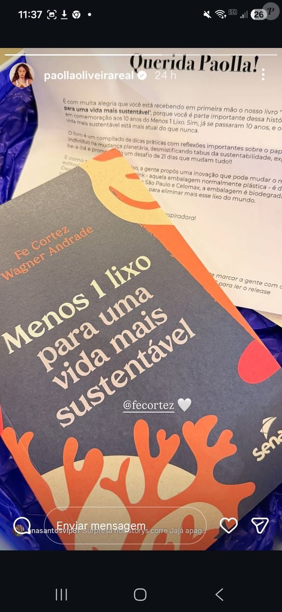 Coincidência ou indireta? Story de Paolla Oliveira com a frase “menos 1 lixo para uma vida sustentável” gera suspeitas horas antes do término vir à tona