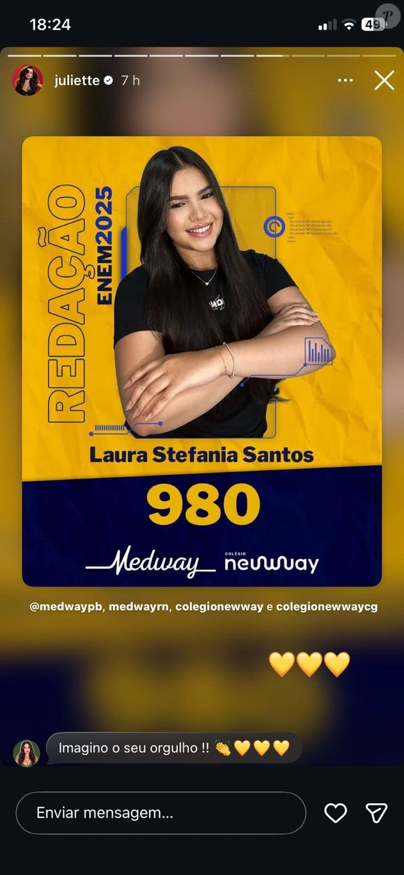 Juliette Freire comemora nos stories o desempenho da sobrinha Laura no Enem, que alcançou 980 pontos na redação