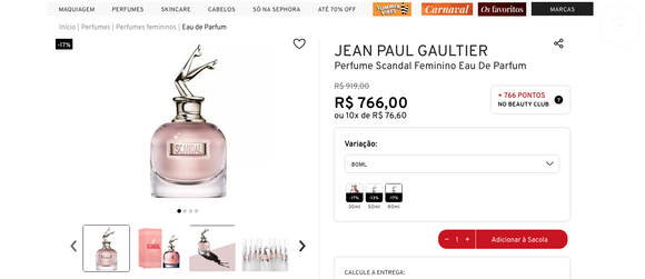 Perfume escolhido por Gabb pode ser encontrado por valores entre R$ 416 (30ml), e R$ 766 (80ml)