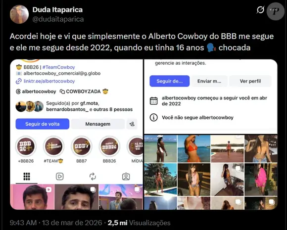 Alberto Cowboy teria enviado mensagens a uma internauta quando ela tinha apenas 16 anos