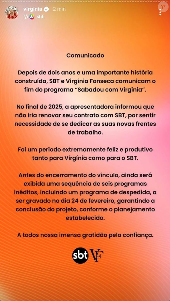 A saída da apresentadora foi confirmada pela emissora e pela assessoria de Virgínia Fonseca, que explicou os bastidores da decisão