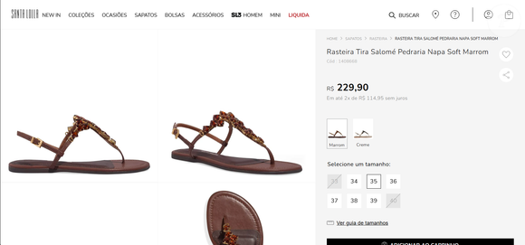 Trata se da Rasteira Tira Salomé Pedraria Napa Soft Marrom da Santa Lolla, referência 1408668, que até o fechamento desta matéria estava por R$ 229,90, podendo ser parcelada em até 2x de R$ 114,95 sem juros