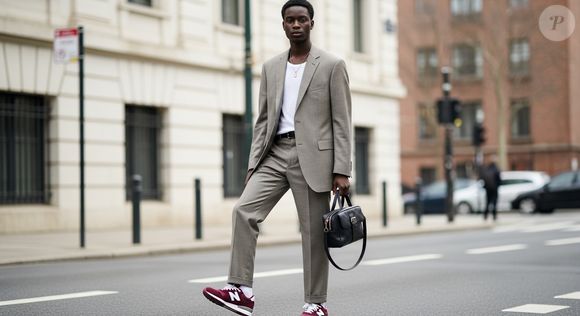 Um terno oversized em cinza mescla ou bege areia, por exemplo, cria um contraste interessante entre o elegante e o esportivo com o New Balance vinho