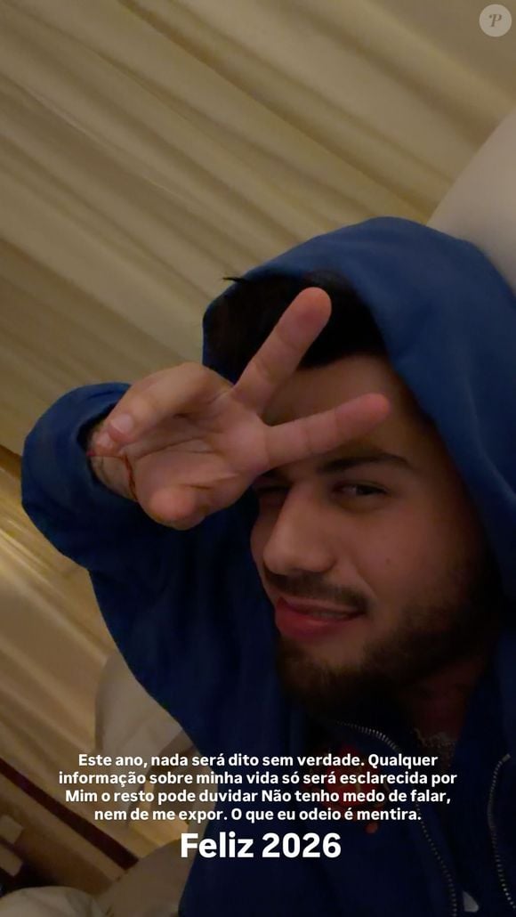 "Não tenho medo de falar, nem de me expor. O que eu odeio é mentira. Feliz 2026", escreveu Zé Felipe