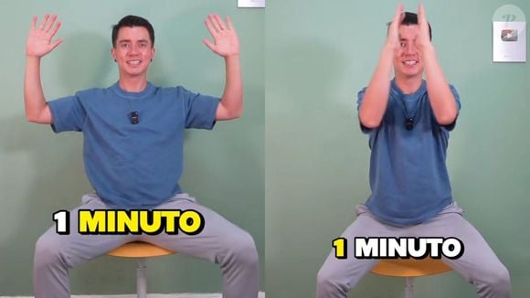 O exercício de sentar e levantar da cadeira, com os braços erguidos, fortalece as pernas e o bumbum