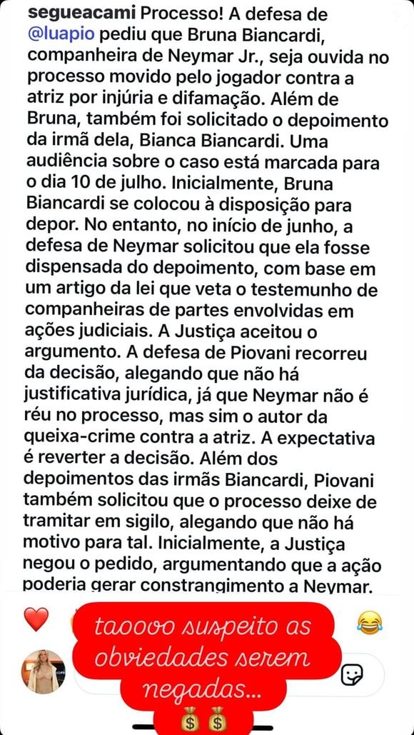 Luana Piovani repercutiu uma reportagem sobre o caso e disparou: ‘Tão suspeito as obviedades serem negadas…’. Ela ainda postou emojis de saco de dinheiro