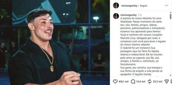 A mãe de Gabriel Ganley se despediu do fisiculturista em sua rede social