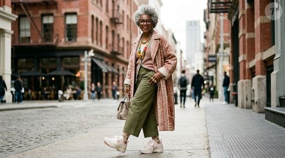 3. A combinação de tênis rosa-claro com calça verde-oliva de corte amplo é uma inspiração para quem gosta de produções elegantes e confortáveis. O contraste entre o tom suave do calçado e o verde mais fechado da peça cria uma composição equilibrada, especialmente com um trench coat bege.