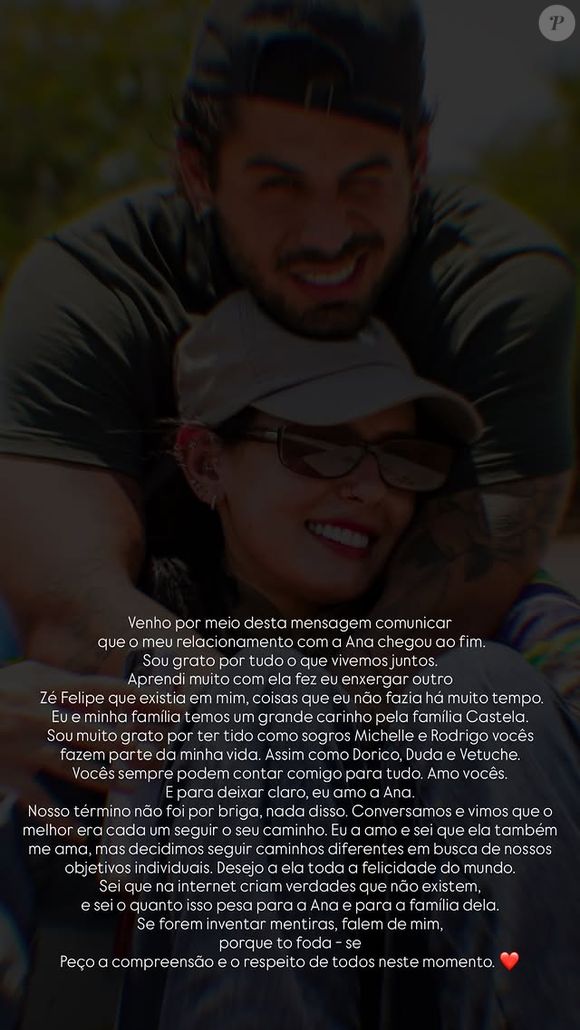 Zé Felipe pegou o público de surpresa ao anunciar o fim do namoro com Ana Castela na última segunda-feira (29)