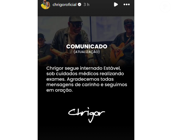 Assessoria de Chrigor atualiza estado de saúde do cantor