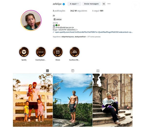 Zé Felipe apagou/arquivou praticamente todas as fotos do seu Instagram e manteve só três imagens, uma delas com os três filhos