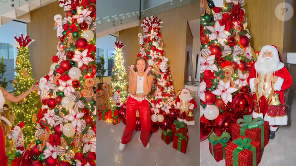 A árvore de Natal da blogueira Evelyn Regly mistura tradição com clima de confeitaria natalina. Em tons vibrantes de vermelho, branco e verde, ela se destaca pelas bolas metálicas e peroladas, flores bordadas, laços festivos e enfeites como bonecos de gengibre e biscoitos decorados, criando um visual lúdico