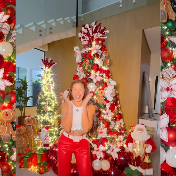 A árvore de Natal da blogueira Evelyn Regly mistura tradição com clima de confeitaria natalina. Em tons vibrantes de vermelho, branco e verde, ela se destaca pelas bolas metálicas e peroladas, flores bordadas, laços festivos e enfeites como bonecos de gengibre e biscoitos decorados, criando um visual lúdico