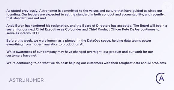 ‘Andy Byron apresentou sua renúncia, e o Conselho de Administração aceitou’, confirmou a Astronomer