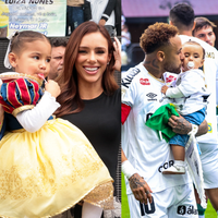 Mavie de Branca de Neve e Mel com camisa ‘papai’: filhas de Neymar e Bruna Biancardi roubam a cena com looks fofíssimos em jogo do Santos