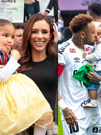 Mavie de Branca de Neve e Mel com camisa ‘papai’: filhas de Neymar e Bruna Biancardi roubam a cena com looks fofíssimos em jogo do Santos