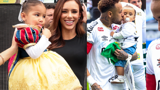 Mavie de Branca de Neve e Mel com camisa ‘papai’: filhas de Neymar e Bruna Biancardi roubam a cena com looks fofíssimos em jogo do Santos