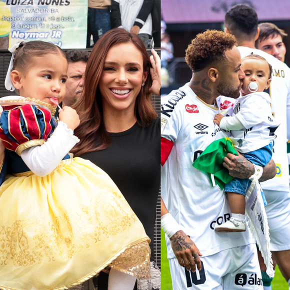 Mavie de Branca de Neve e Mel com camisa ‘papai’: filhas de Neymar e Bruna Biancardi roubam a cena com looks fofíssimos em jogo do Santos