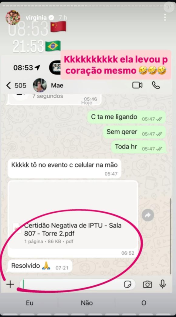 Ao receber o comprovante de pagamento da dívida de IPTU, Virginia colocou nos stories: 'Ela levou para o coração mesmo', se referindo à sua mãe, Margareth.