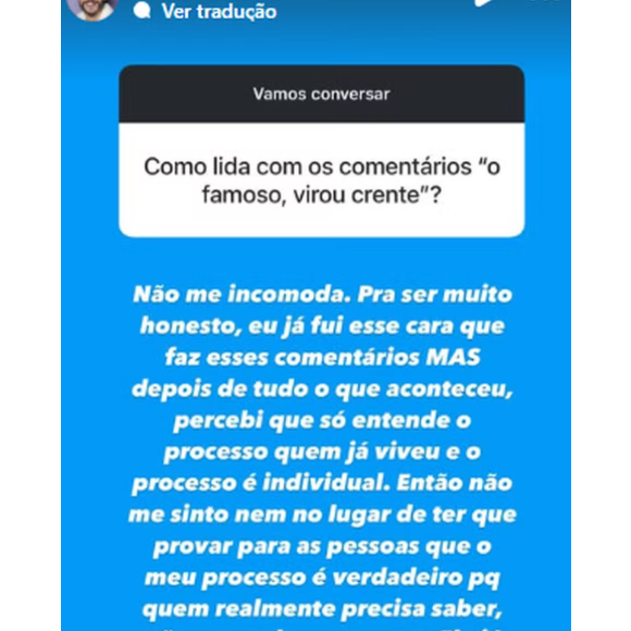 Por meio de seu perfil no Instagram, Eliezer comentou sobre as críticas e comentários sobre a sua religião: 'Não me incomoda', ressaltou ele.