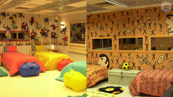 BBB 4 – os quartos ganharam uma explosão de cores. Um deles tinha bichinhos de pelúcia pendurados na parede, enquanto o outro trazia desenhos nas paredes e roupas de cama com estampas que lembravam escritas à mão.