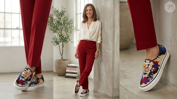 A calça de alfaiataria vermelha conversa perfeitamente com os tons vibrantes do bordado floral do Authentic LX 'Floral Needlework', criando uma composição sofisticada e cheia de personalidade