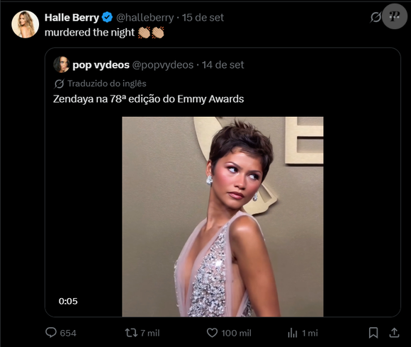 Halle Berry celebrou publicamente a homenagem de Zendaya ao compartilhar uma comparação entre os dois visuais e escrever: 'Minha garota'. Em outra publicação sobre a atriz no Emmy 2026, acrescentou: 'Arrasou com a noite'