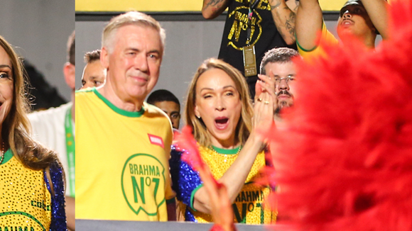 Fundadora de marca de moda de luxo, esposa de Carlo Ancelotti faz rara aparição na Sapucaí com o técnico da seleção; empresária usa abadá customizado e vibra com Sabrina Sato; fotos!