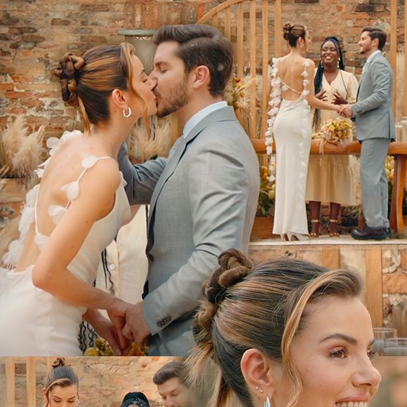 Assim como os participantes, Camila Queiroz também apareceu vestida de noiva com um vestido romântico e discreto