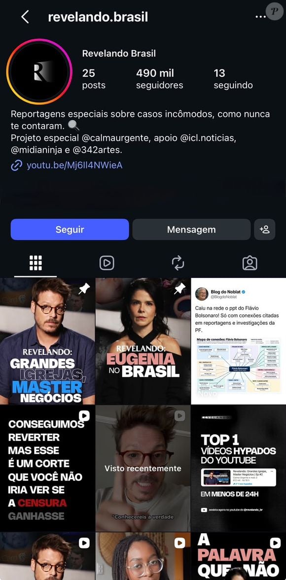 Segundo o texto, a medida da Meta afetou somente o perfil do “Revelando Brasil” no Instagram, que reúne mais de 100 mil seguidores. A publicação sobre o Banco Master permaneceu disponível no YouTube.