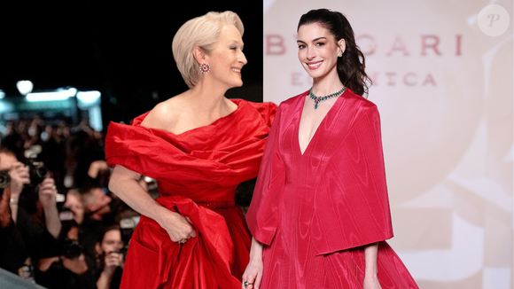 Miranda Priestly se aposentou? Anne Hathaway encarna o 'Diabo' em look vermelho-sangue da Valentino, e colar Bvlgari de safira com mais de 26 quilates rouba a cena