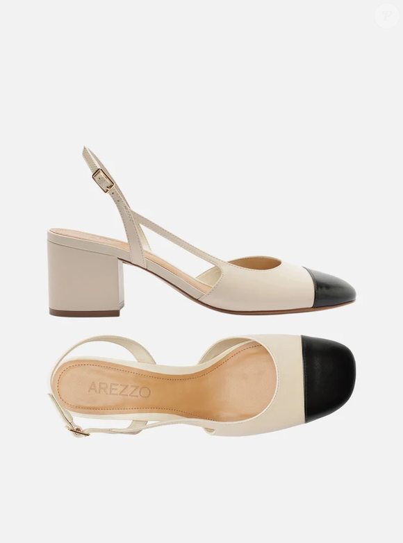 Por R$ 399,90, a Arezzo aposta em um scarpin bicolor de estética clássica que promete transformar do jeans à alfaiataria com sofisticação imediata