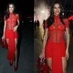 Look vermelho fatal de Bruna Marquezine em festa de promoter ultrapassa R$ 250 mil: veja o preço do body transparente, bolsa com plumas e mais!