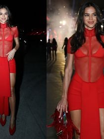 Look vermelho fatal de Bruna Marquezine em festa de promoter ultrapassa R$ 250 mil: veja o preço do body transparente, bolsa com plumas e mais!