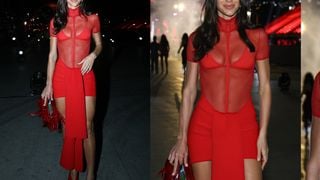 Look vermelho fatal de Bruna Marquezine em festa de promoter ultrapassa R$ 250 mil: veja o preço do body transparente, bolsa com plumas e mais!